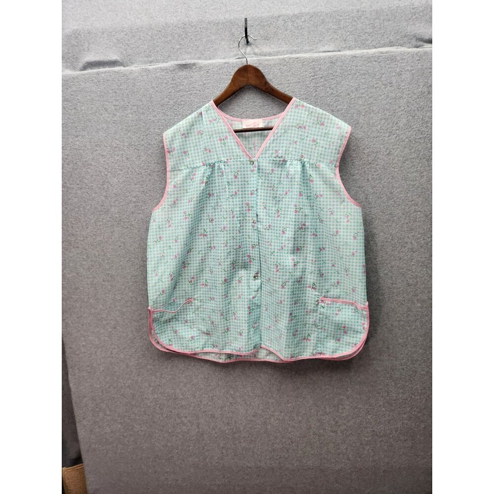 Vintage Amanda Paige Sleeveless Button-Up Gingham smock With Floral‎ Pattern